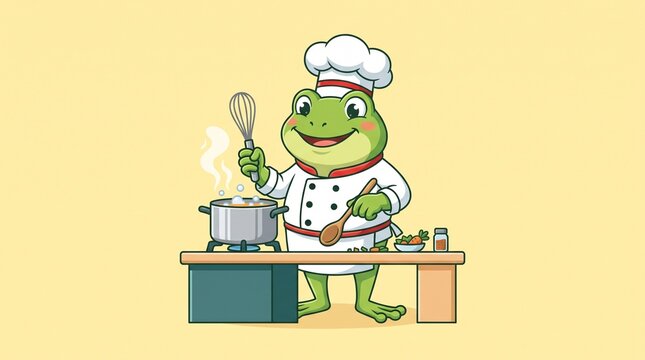 Picture of a frog as a cook or chef edited in vector animation style.