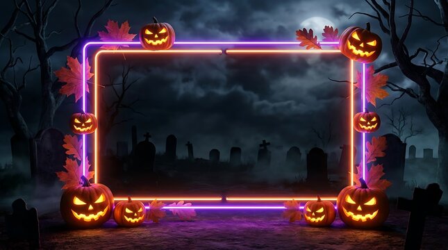 A spooky halloween rectangular frame decorated with glowing neon lights and carved jack o lanterns set against a dark graveyard background