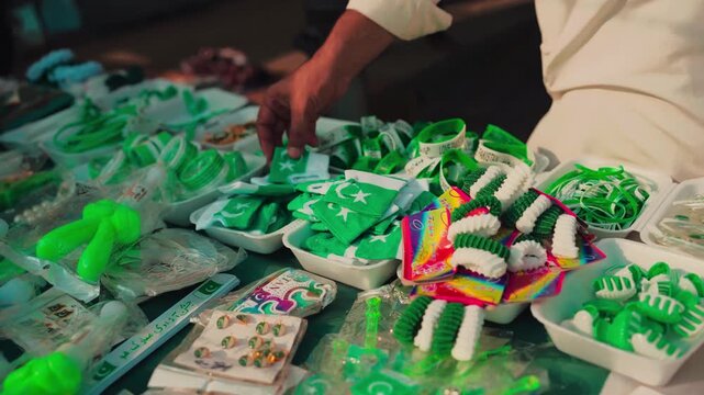 Close Up of Person Selecting Pakistan Themed Bunting Flag at Independence Day Bazaar