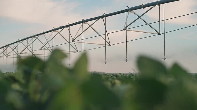 Pivot irrigation system spans over soybean field at sunset. Sprinkler equipment waters crop plants. Farm pivot irrigates soybean field. Irrigation system above green crop at sunset sky.