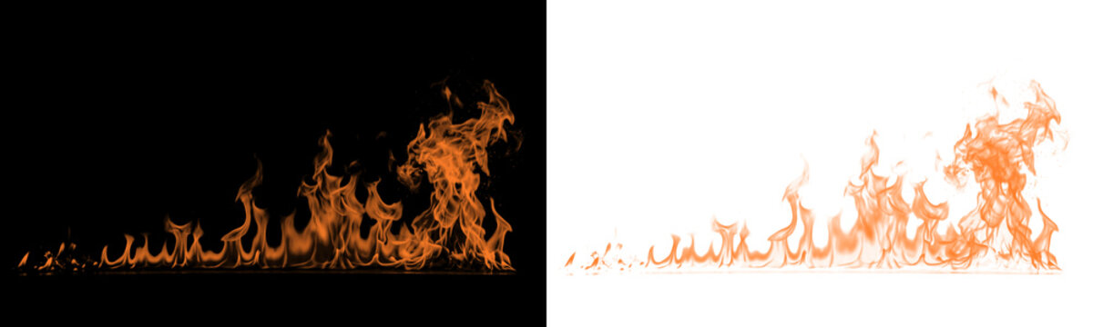 Horizontal wall of fire flames isolated on black and white background