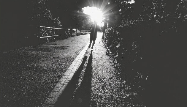 Silhouette jogger sunlight outdoor athletic shadow path nature morning energetic person jogging on sunlit path with long shadows surrounded by trees creating dramatic and uplifting mood