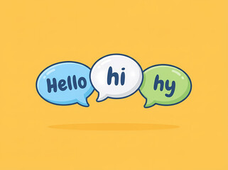 Colorful speech bubbles with hello, hi, and hey greetings on bright yellow background © mahboob