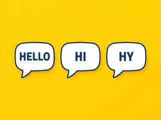 Three white speech bubbles with hello, hi, and hey on bright yellow background for greeting messages © mahboob
