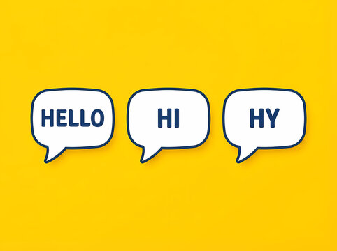 Three white speech bubbles with hello, hi, and hey on bright yellow background for greeting messages