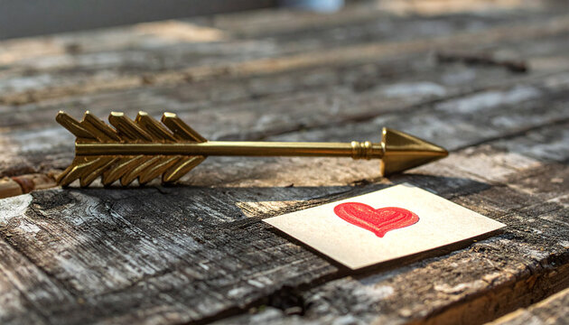 Golden cupid arrow wooden table red heart love symbol romance rustic sunlight valentine metallic emotional closeup textured passion vintage relationship