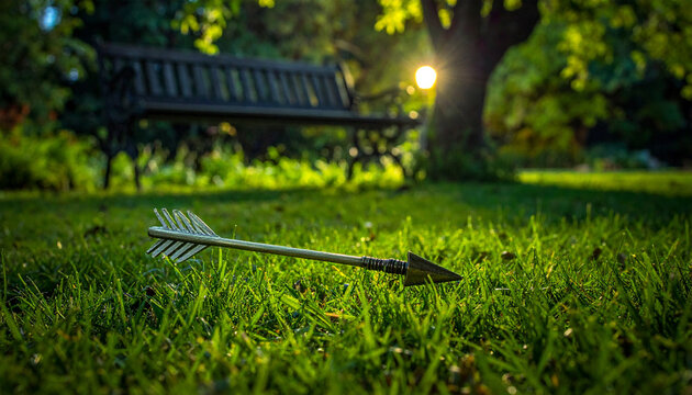 Cupid arrow lush grass garden bench sunlight romantic outdoor green summer love nature. cupid arrow rests vibrant grass near garden bench sunlight streaming through trees creating romantic