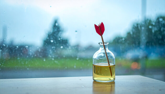 Miniature cupid arrow red paper glass vase yellow liquid wooden table rainy day window blurred background romantic creative decor. small red cupid arrow stands upright glass vase filled with