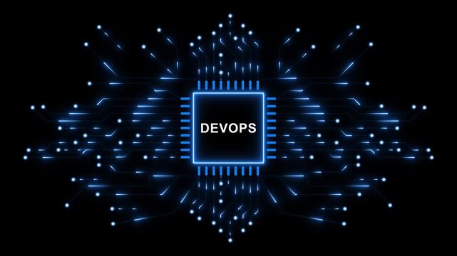 DevOps Software Development and IT Operations Concept with Futuristic Microchip, Glowing Digital Circuit Network and Cloud Technology