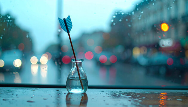 Miniature cupid arrow glass vase water rainy day window city street bokeh blue romantic whimsical. small cupid arrow stands upright glass vase with water rainy city street evoking dreamy romantic