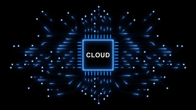 Cloud Computing and Digital Infrastructure Concept with Futuristic Microchip, Glowing Data Network and Advanced Technology Animation