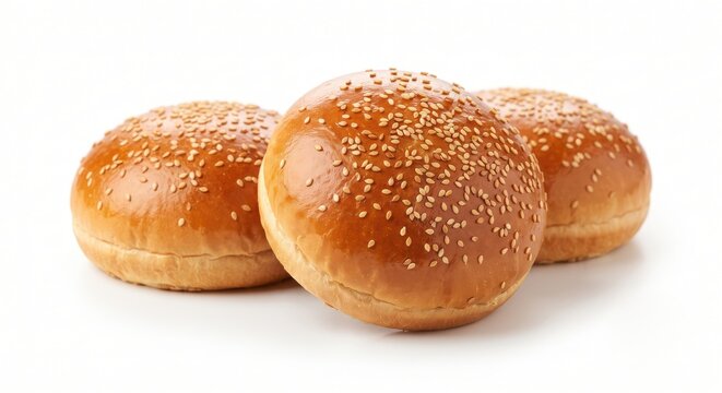 Fresh golden hamburger buns topped with sesame seeds for restaurant food photography.