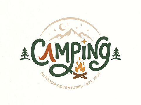 Camping outdoor adventures typography badge with campfire mountain range and trees illustration adventure typography mountain campfire wilderness vacation national