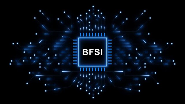 BFSI Banking Financial Services and Insurance Technology Concept with Futuristic Microchip, Glowing Data Network and AI Animation