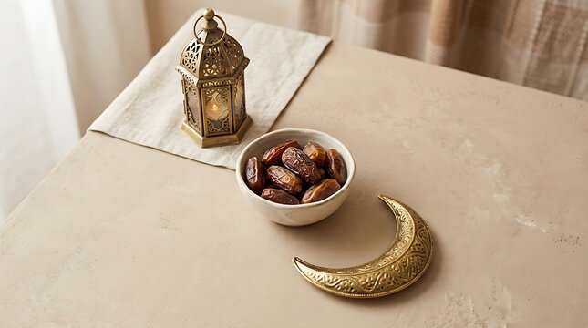 Decorative lantern with dates and brass tray on green tablecloth