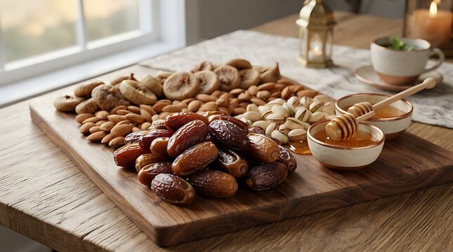 Assorted candied nuts and honey-dipped treats on wooden tray