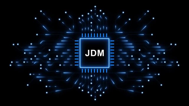 JDM Japan Domestic Market Automotive Technology Concept with Futuristic Microchip, Glowing Digital Circuit Network and Innovation Animation