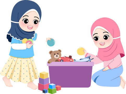 Two Muslim girls in hijabs playing with toys and learning colors together