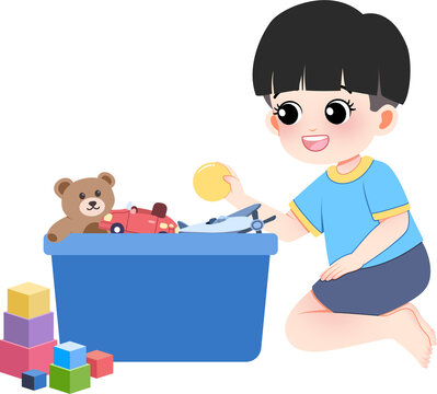 Young boy organizing toys in blue storage box with teddy bear car and building blocks