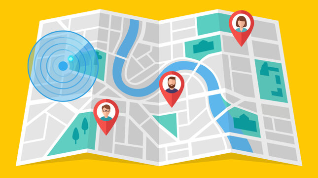 Stylized map illustration with location pins, route lines, and a radar beacon on a bright yellow background