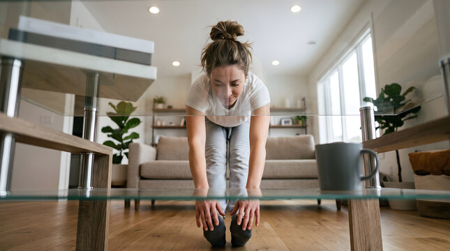 Young woman in white tshirt stretching her body reaching for toes at home.