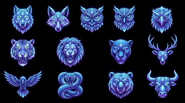 Tribal Animal Spirit Collection &ndash; Neon Geometric Wildlife Totem Heads with Glowing Line Art