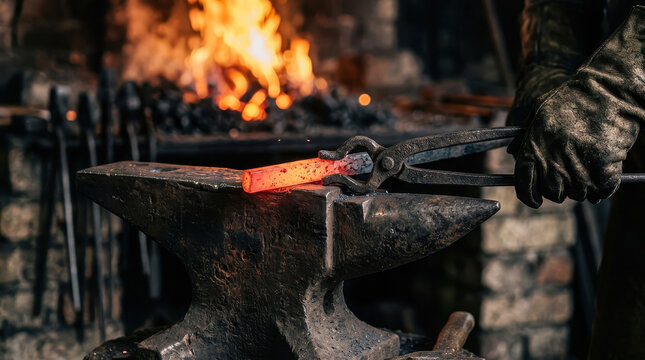 Blacksmith Forging Hot Metal Photo with Anvil and Tongs in Workshop Background for Industrial Craft Concept