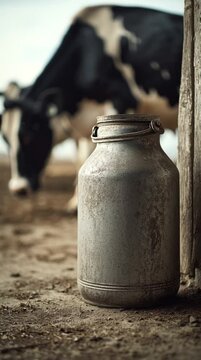 Vintage metal milk can filled with fresh milk on a farm, with a blurred dairy cow in the background, representing traditional dairy farming and rural milk production