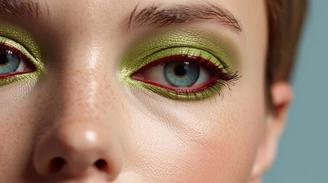 Closeup beauty portrait featuring Pantone Green Glow eyeshadow with vivid green eyelids, defined red eyeliner and deep cherry red glossy lips, with generous copy space