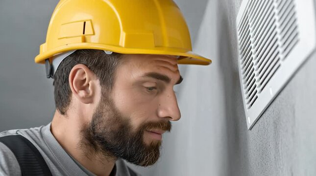 Closeup of a construction worker wearing a yellow hard hat and protective gloves inspecting an industrial ventilation system, representing maintenance, engineering and workplace safety