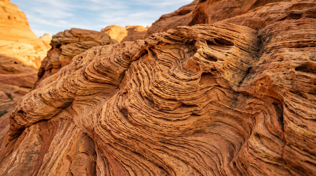 Layered red sandstone rock formations create a textured pattern in a desert landscape.