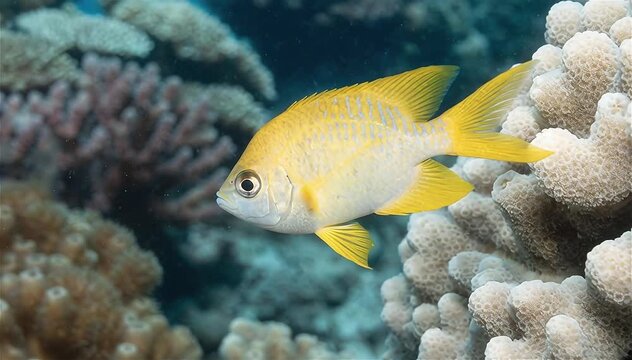 Close up of a Lemon Damselfish (Pomacentrus moluccensis) swimming among corals in Great Barrier Reef, Australia.
