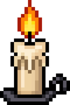 Pixel Art Vintage Candle Icon Glowing Flame Holder 8 Bit Retro Halloween Light Source for Games Design