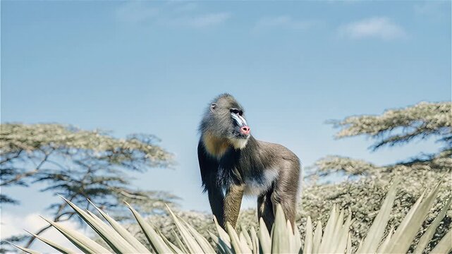 Mandrill (Mandrillus sphinx) in the forest, African savannah, Botswana.
