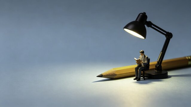 Miniature office scene with tiny reader and giant pencil und
