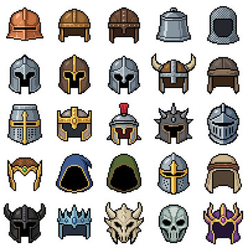Helmet icons in pixel art style represent twenty five medieval, fantasy, and historical headgear designs ideal for video game inventory systems, equipment screens, roleplaying assets, and RPG armors.