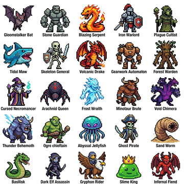 Monster icons displayed in a grid format with labeled fantasy creatures like dragons, skeletons, and golems suitable for roleplaying game bestiaries and digital card games.