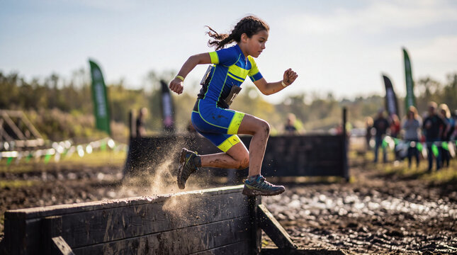 Girl jumping wooden obstacle in mud race with athletic determination and outdoor action energy