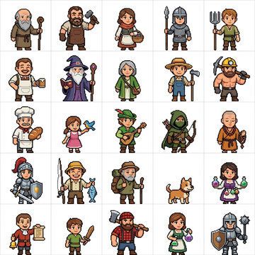 Fantasy RPG pixel art character sprites showing various medieval professions, including wizard, blacksmith, warrior, baker, and fisherman, arranged in a grid pattern set against a white background.