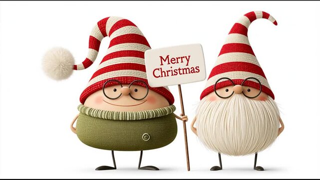 Cute cartoon gnomes with a sign, happy holidays Christmas isolated on white background, animation