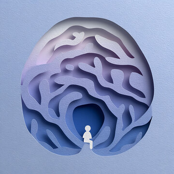 Solitary person surrounded by layered abstract forms, symbolizing anxiety, isolation, emotional struggle, inner thoughts, vulnerability, psychological distress, self-reflection, healing, and resilienc