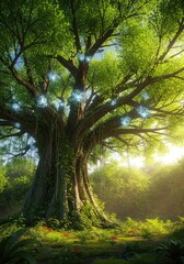 Fototapeta premium A magnificent ancient tree stands in a lush primeval paradise, bearing mysterious fruit amidst soft golden light and vibrant green leaves, wilderness, beginning, glowing