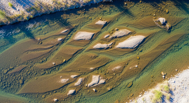 Aerial top-down view of clear shallow river water flowing over sandbars and rocky sediment patterns in a natural landscape