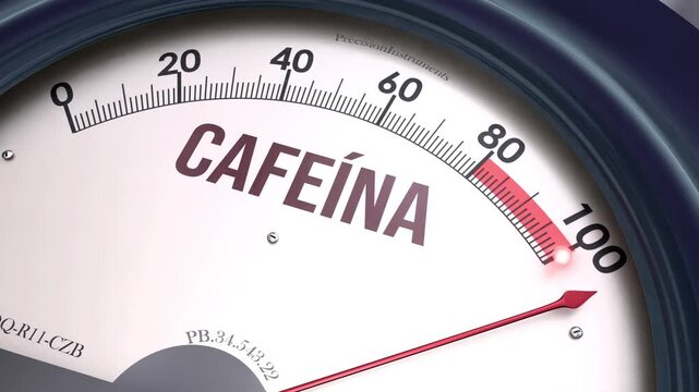 Cafe&iacute;na - medidor con la aguja en el m&aacute;ximo: el caf&eacute; se acumula y el nivel de cafe&iacute;na supera todos los l&iacute;mites. Demasiada cafe&iacute;na.