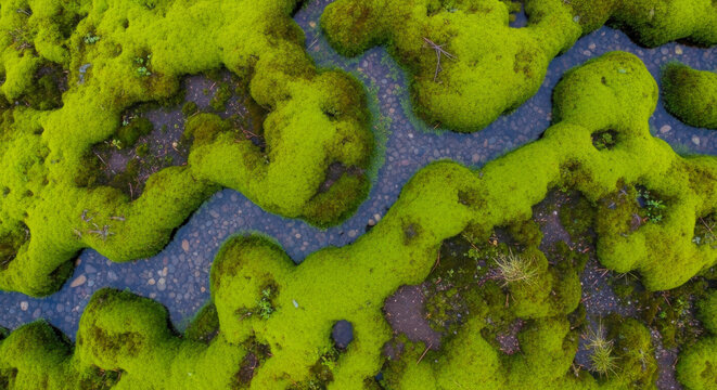 High angle aerial view of vibrant green moss patches growing around a shallow river with pebbles in nature