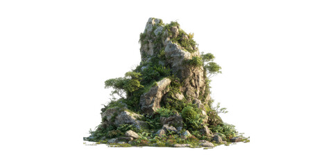 Realistic mossy rock formation with green foliage and small trees isolated on a transparent  background © Shahzaib Studio