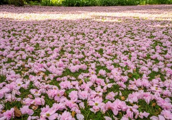 Obraz premium A thick carpet of fallen pink petals covers the bright green grass in a peaceful garden setting, creating a soft and natural floral texture, fresh, field, organic