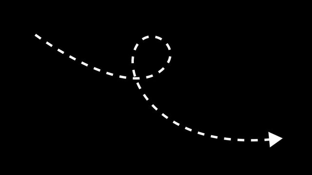 4k Long dotted line arrow animation to indicate an object. arrow animation following wavy dotted line. target arrow icon on black background.