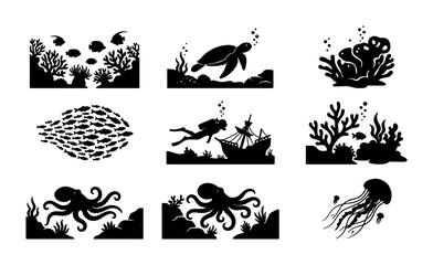 Fototapeta premium Underwater Silhouettes Collection: Marine Life, Diver, Shipwreck, Coral Reefs, Sea Creatures Vector Elements for Aquatic Designs