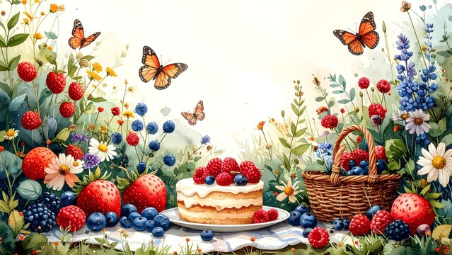 Watercolor Berry Cake with Wildflowers